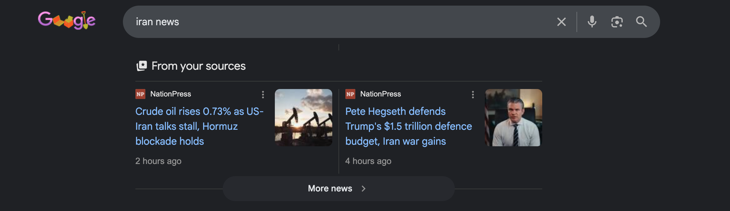 Google search showing NationPress articles in a 'From your sources' panel above other results